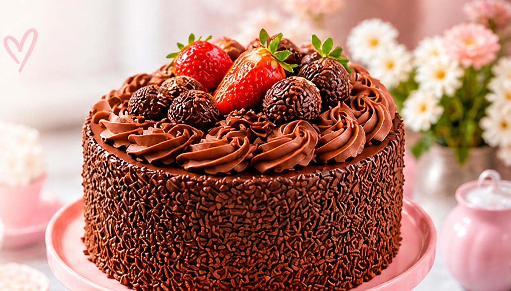 Bolo artesanal de chocolate com morangos e brigadeiros em base rosa